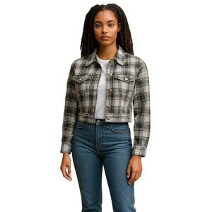 ASOS Black & White Plaid Denim Jacket Size US 8 / UK 12 | Cropped Button Front